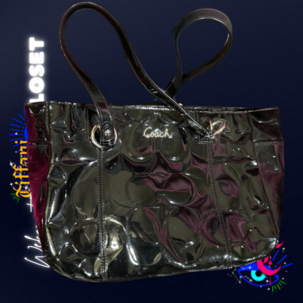 Coach Black Signature Patent Leather Tote Shoulder Bag Embossed C Monogram